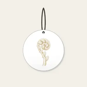 Unrolling Fiddlehead Fern Ceramic Ornament in white: A single fiddlehead fern unrolls in cream line art.