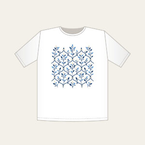 Navy Trellis and Leaf Pattern T-Shirt in white: A repeating trellis of fine lines and small leaves in navy, sky blue and cream.
