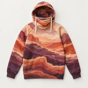 Canyon Layers Gaiter Hoodie with all-over layered canyon bands in terracotta, sand and plum
