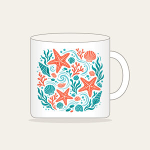Tide-Pool Starfish Pattern Mug in white: Starfish, small shells and ripples gather in a tide-pool repeat in coral and teal.