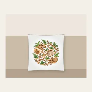 Dinosaur Bones and Fern Dig Scene Pillow in white: Dinosaur bones and curling ferns lie scattered across warm sand in earthy brown and green.