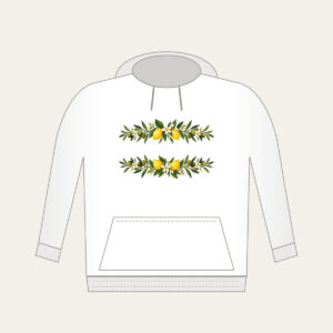 Olive and Lemon Branch Border Hoodie in white: Olive and lemon branches run along both long edges in green, gold and cream.