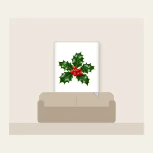 Holly Sprig with Red Berries Fleece Blanket in white: A holly sprig with glossy leaves and bright red berries stands out on a deep green background.