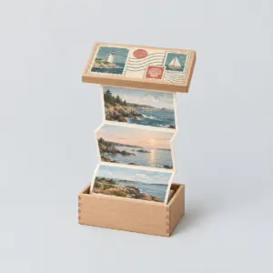 Postcard Memory Pull-Out Box with a pull-out box printed with vintage postage stamps and a wavy postmark in teal, cream and red
