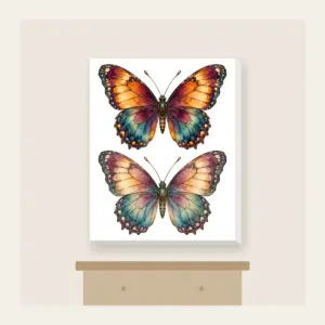 Amber Plum Watercolor Butterfly Canvas Print in white: A butterfly with watercolor-style wings in amber, plum and teal, traced with delicate vein linework.