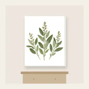 Three Pressed Sage Sprigs Canvas Print in white: Three sage sprigs in cream and pale green with tiny dotted stems, like a page from a pressed-botanical album.