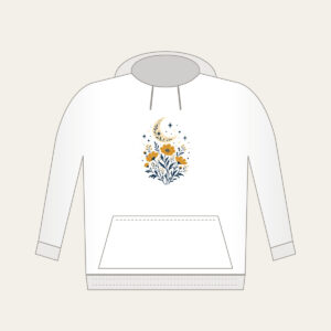 Crescent Moon over Ochre Wildflowers Hoodie in white: A crescent moon floats over ochre wildflowers and pale star dots on a cream and navy illustration.