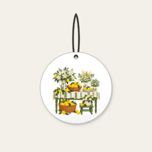 Lemon and Flower Market Stall Ceramic Ornament in white: A market table piled with lemons and blossoms in lemon yellow, cream and green.