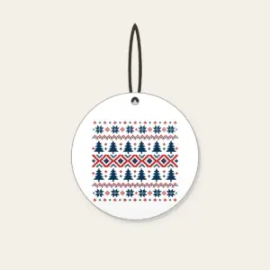 Fair-Isle Pines and Stars Ceramic Ornament in white: Fair-isle bands of pines, stars and diamonds in cream, brick red and navy.