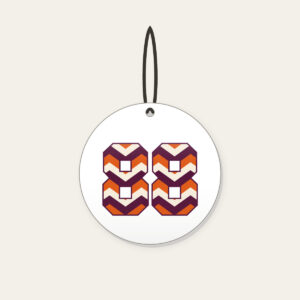 Plum Chevron Panels with Number 88 Ceramic Ornament in white: Bold chevron panels in plum, burnt orange and cream, with the number “88” standing out in the middle.