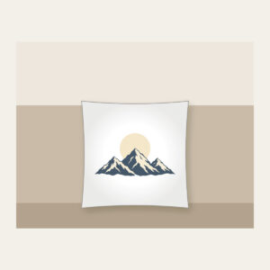 Moonrise over Three Peaks Pillow in white: A round moon rises over three mountain peaks in cream and slate.
