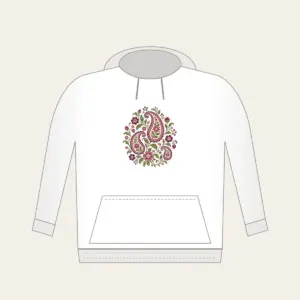 Plum and Olive Paisley Garden Hoodie in white: A paisley garden pattern with small flowers in plum, rose and olive on cream.