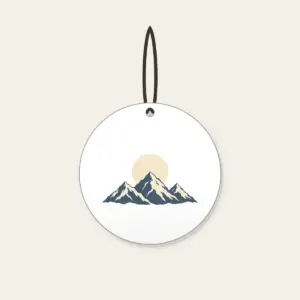 Moonrise over Three Peaks Ceramic Ornament in white: A round moon rises over three mountain peaks in cream and slate.