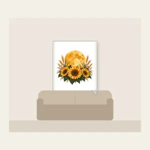 Harvest Moon over Sunflower Fields Fleece Blanket in white: A large harvest moon rises over sunflower and wheat silhouettes in amber, deep green and cream.