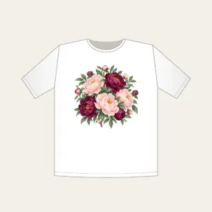 Blush and Plum Peony Garden T-Shirt in white: Peonies and leaves in blush, plum and sage fill the artwork edge to edge.