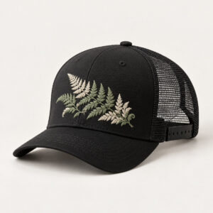 Fern Trucker Cap with embroidered fern frond in sage and cream on the front panel