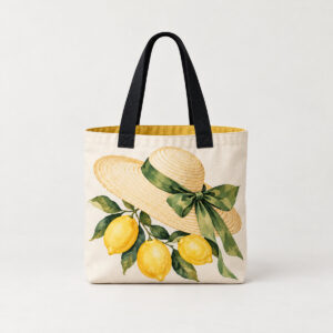 Black Handle Sunhat Lined Tote with front print of a wide sunhat with ribbon and three lemons in cream, lemon yellow and green