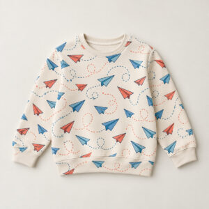 Paper Plane Youth Sweatshirt with all-over paper planes trailing dotted paths in blue, coral and cream