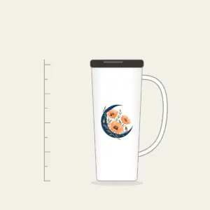 Crescent Moon and Apricot Poppies Tumbler with Handle in white: A deep blue crescent moon cradles three delicate apricot poppies on fine olive stems.