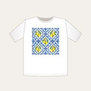 Cobalt Mediterranean Tiles with Lemons T-Shirt in white: An all-over repeat of Mediterranean-style tiles in cobalt and white with small lemon accents.