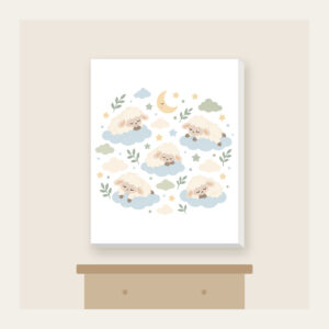 Sleepy Sheep and Clouds Canvas Print in white: Small clouds and sleeping sheep in cream, pale blue and sage on a light field.