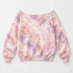Rose Quartz Off-Shoulder Sweatshirt with a soft rose quartz crystal pattern in blush, lilac and white with fine gold lines