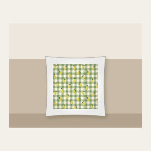 Green Gingham with Scattered Pears Pillow in white: Green and cream gingham checks with small pears scattered between.