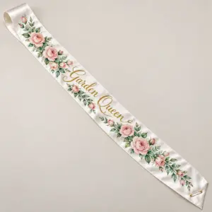 Garden Queen Satin Sash with a diagonal garland of roses and leaves in blush and green with the words "Garden Queen" in gold script