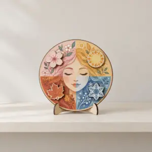Seasons Wheel Interchangeable Wood Sign with a round two-layer board printed in four soft quadrants of pink, yellow, rust and blue with four small interchangeable plywood pieces, a blossom, a sun, a leaf and a snowflake, each flat printed in