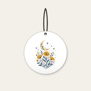 Crescent Moon over Ochre Wildflowers Ceramic Ornament in white: A crescent moon floats over ochre wildflowers and pale star dots on a cream and navy illustration.