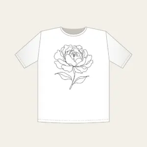 Peony in One Line T-Shirt in white: A single peony drawn in one continuous black line with two leaves.