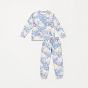 Cloud Garden Raglan Long Sleeve Pajamas with all-over cloud garden of fluffy clouds, small blossoms and stars in pale blue, lilac and cream