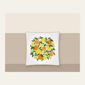 Citrus Slice Sorbet Pattern Pillow in white: Citrus slices and leaves in orange, lemon and green spread across cream.