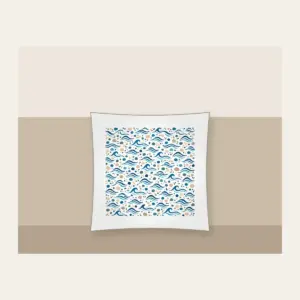 Tiny Waves and Pebbles Repeat Pillow in white: A small-scale repeat of waves and pebbles in navy, teal and sand.