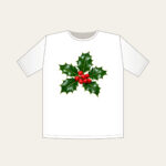 Holly Sprig with Red Berries T-Shirt in white: A holly sprig with glossy leaves and bright red berries stands out on a deep green background.