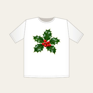 Holly Sprig with Red Berries T-Shirt in white: A holly sprig with glossy leaves and bright red berries stands out on a deep green background.