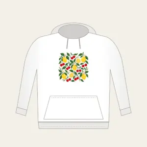 Cherry and Lemon Orchard Pattern Hoodie in white: Cherries, lemons and leaves in red, yellow and green scattered across a cream field.