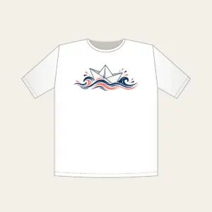 Folded Paper Boat on Navy Waves T-Shirt in white: A folded paper boat on fine-lined waves in navy and coral.