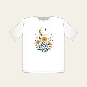 Crescent Moon over Ochre Wildflowers T-Shirt in white: A crescent moon floats over ochre wildflowers and pale star dots on a cream and navy illustration.