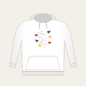 Paper Planes and Dotted Flight Paths Hoodie in white: Paper planes trace dotted flight paths across cream in navy, red and yellow.