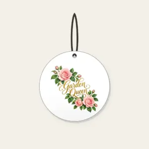 Garden Queen Rose Garland Ceramic Ornament in white: A diagonal garland of blush roses and green leaves carries the words “Garden Queen” in gold script.