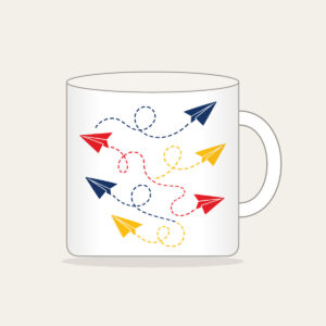 Paper Planes and Dotted Flight Paths Mug in white: Paper planes trace dotted flight paths across cream in navy, red and yellow.
