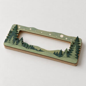 Four-Layer Wooden Money Holder with Pine Trees with four layers: back layer hills, two layers of pines in green and sage, front layer with tiny stars and a slot area in cream