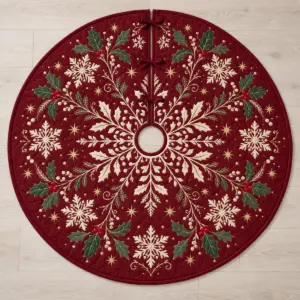 Round quilted tree skirt printed with a cream snowflake medallion on burgundy