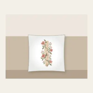 Cable Pattern Twined with Little Flowers Pillow in white: A flat cable pattern entwined with small flowers in oatmeal, sage and rose.
