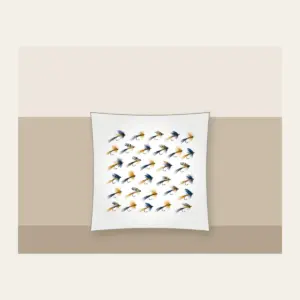 Trout Flies in Diagonal Rows Pillow in white: Tiny trout flies lined up in diagonal rows in navy, gold and cream.