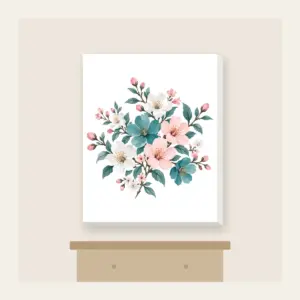 Teal Blossom Scatter Canvas Print in white: Small blossoms in teal, white and pale pink scattered across a pale grey ground.