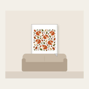 Curled Foxes, Acorns and Leaves Fleece Blanket in white: Curled-up foxes, acorns and leaves repeat in rust, cream and moss.