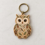 Little Owl Custom Wooden Keychain with owl shape with a feather pattern of tiny leaves in brown, cream and moss