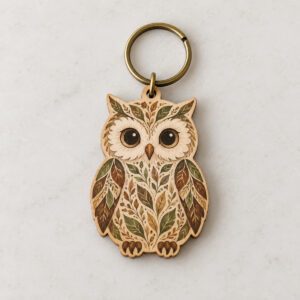 Little Owl Custom Wooden Keychain with owl shape with a feather pattern of tiny leaves in brown, cream and moss